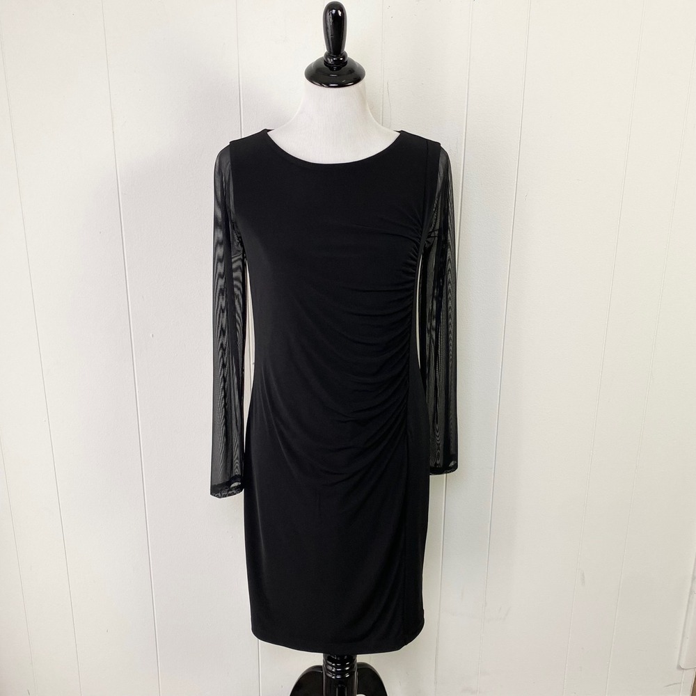 Chico's Solid Mesh Sleeve Dress Black Small Sheath Ruched Side Zip